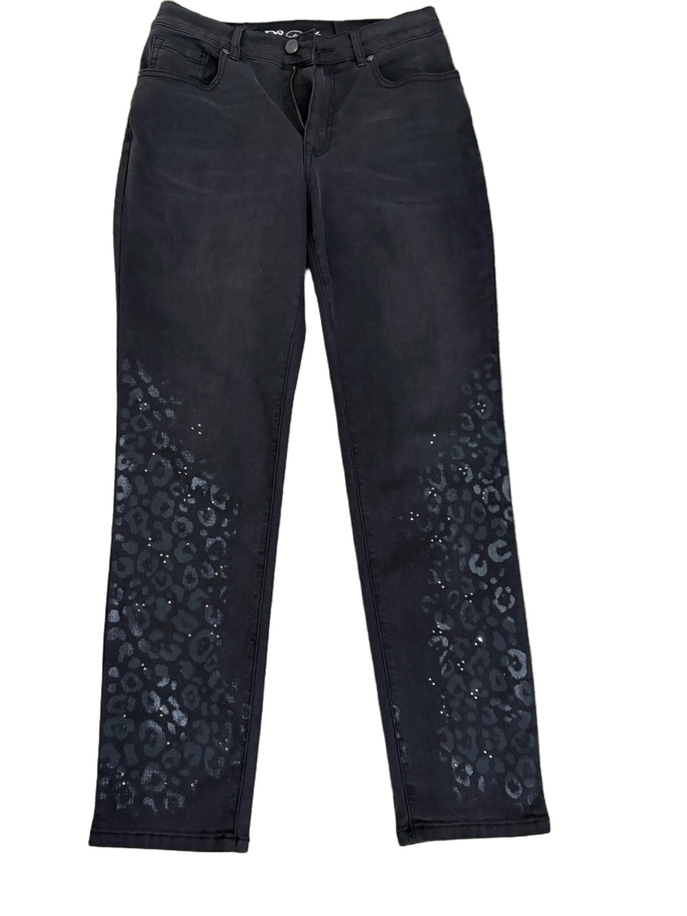 DG2 Black Leopard-Print Embellished 5 Pocket Jeans